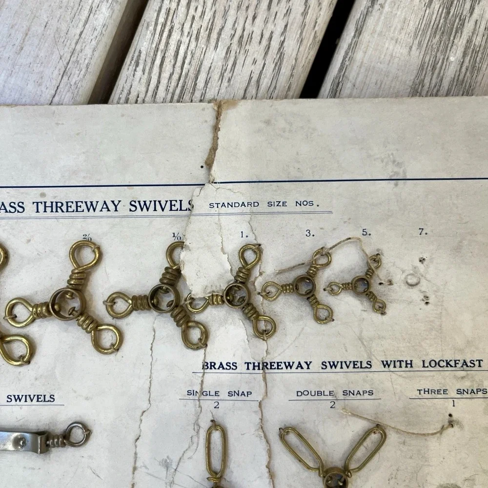 Vtg Fishing Tackle Store Rack Card Brass Threeway Nickel Yankee Swivels AS IS